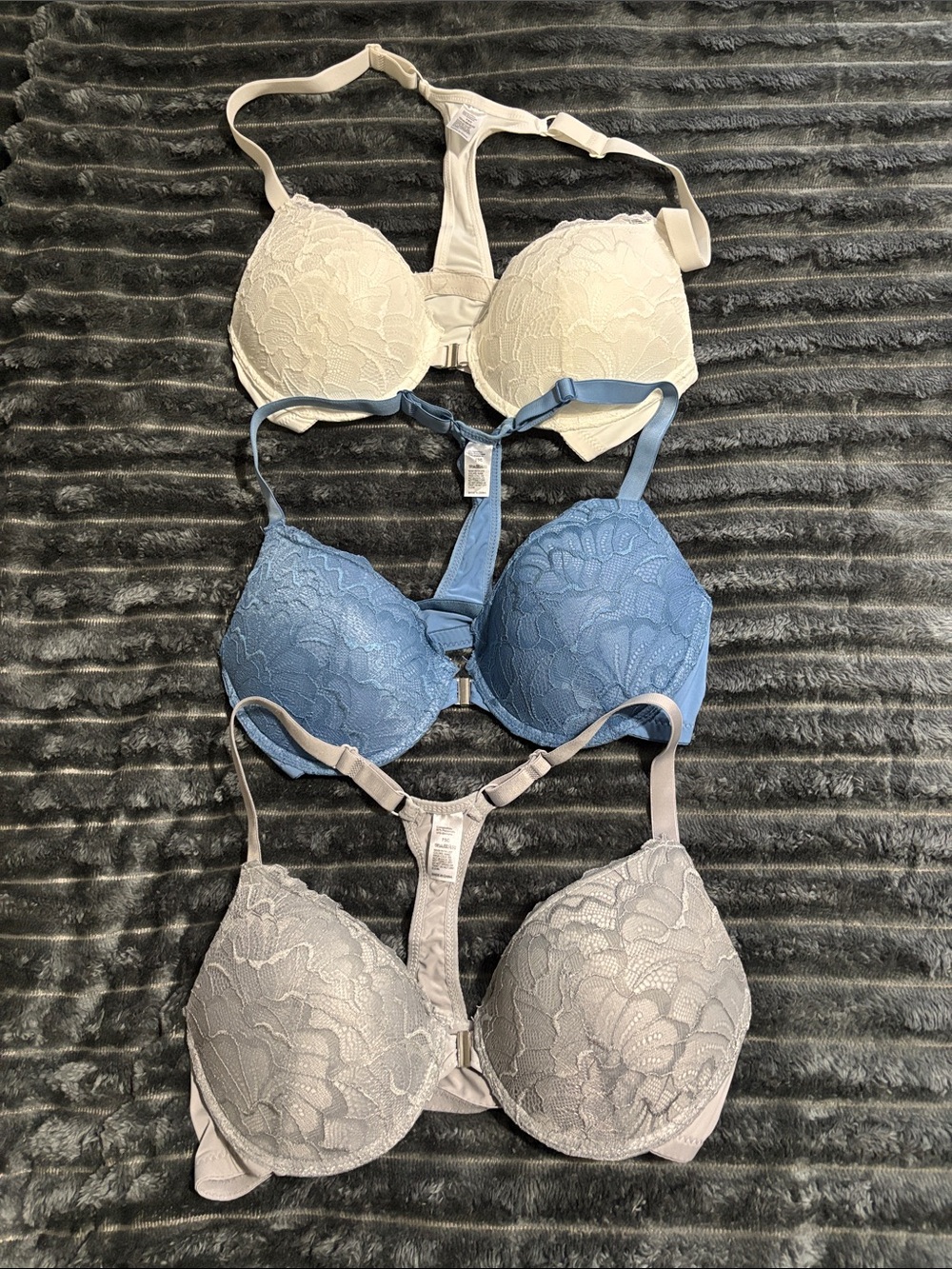 Set of 3 Lace Racerback Push-Up Bra - White, Blue, Gray, 34C
